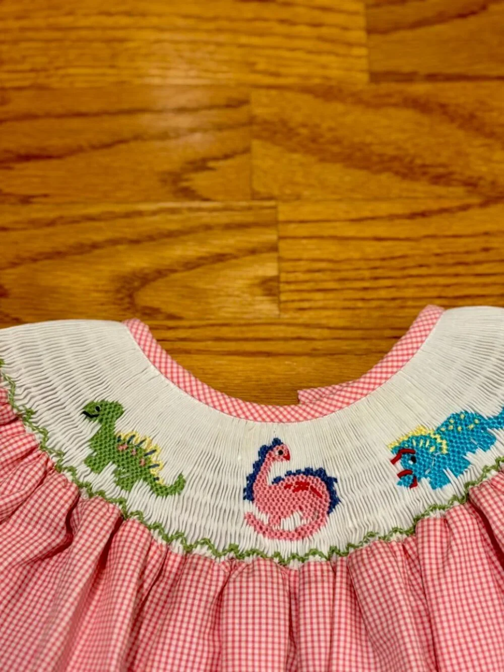 Classic Whimsy Smocked Dinosaur Gingham Dress 12M